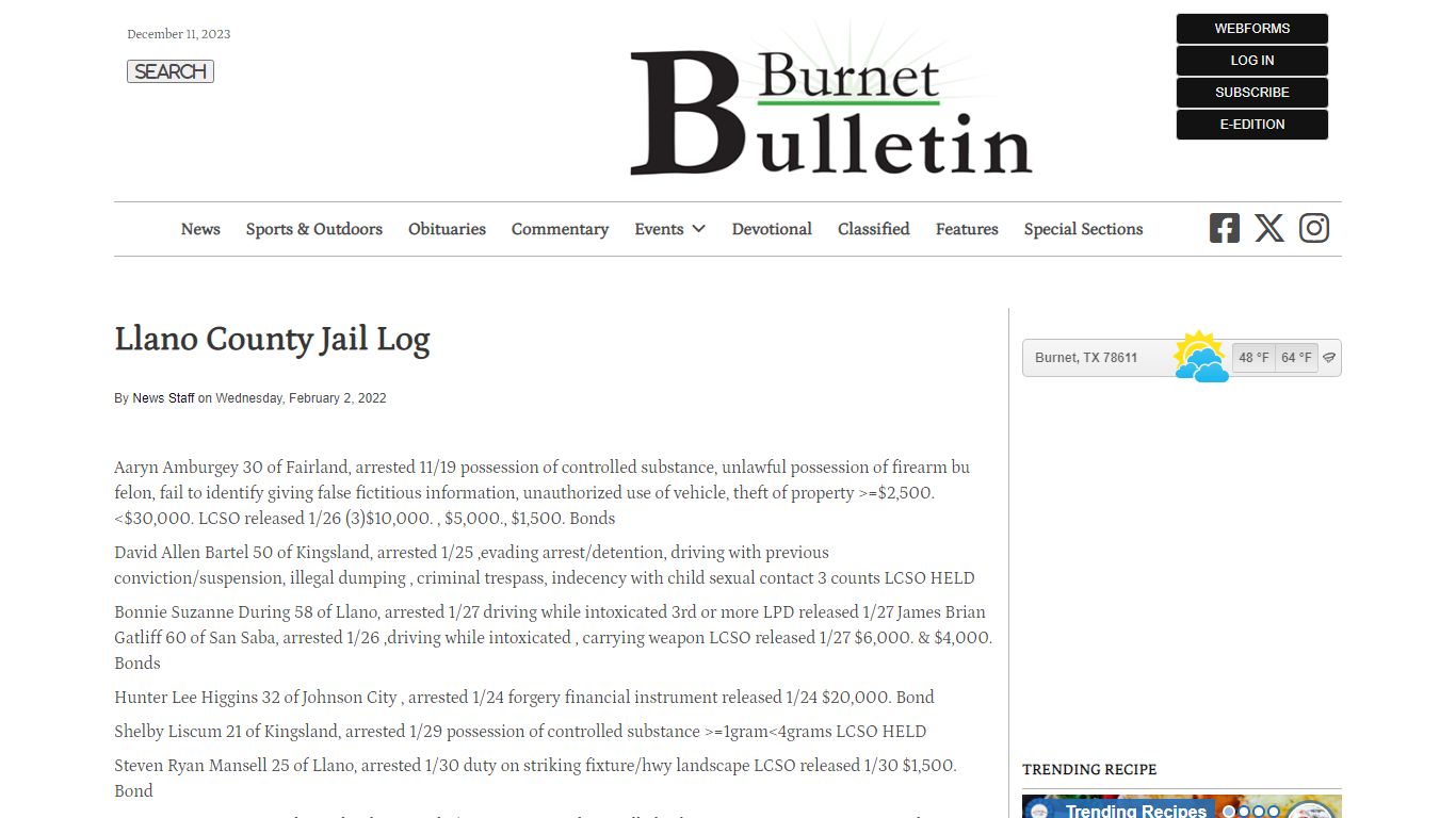 Llano County Jail Log | Burnet Bulletin